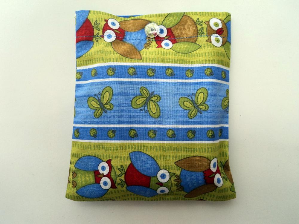 Bolsa Sacola em Tecido Beguis Azul e Verde Coruja Borboleta