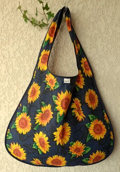 Bolsa Sacola em Tecido Beguis Azul Marinho Girassol