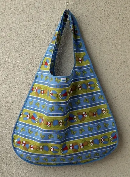 Bolsa Sacola em Tecido Beguis Azul e Verde Coruja Borboleta