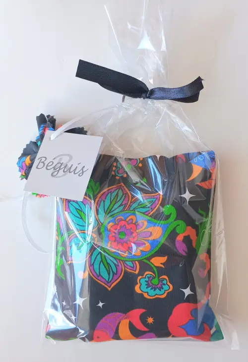 Bolsa Sacola em Tecido Beguis Preta floral Horoscopo Zodiaco