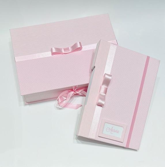 Livro do Bebê Luxo com Caixa - Poá com Listras - Rosa