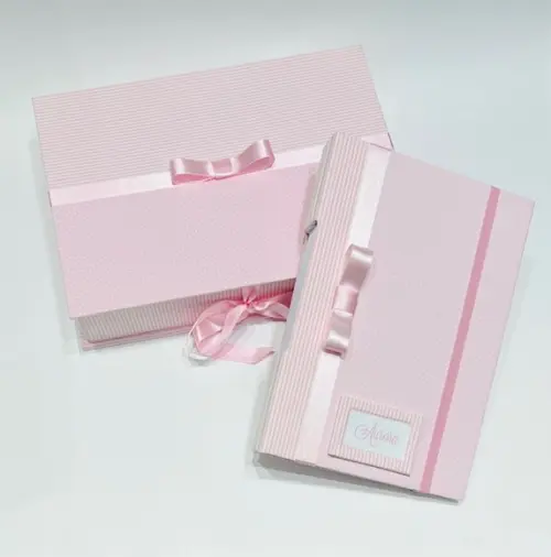 Livro do Bebê Luxo com Caixa - Poá com Listras - Rosa