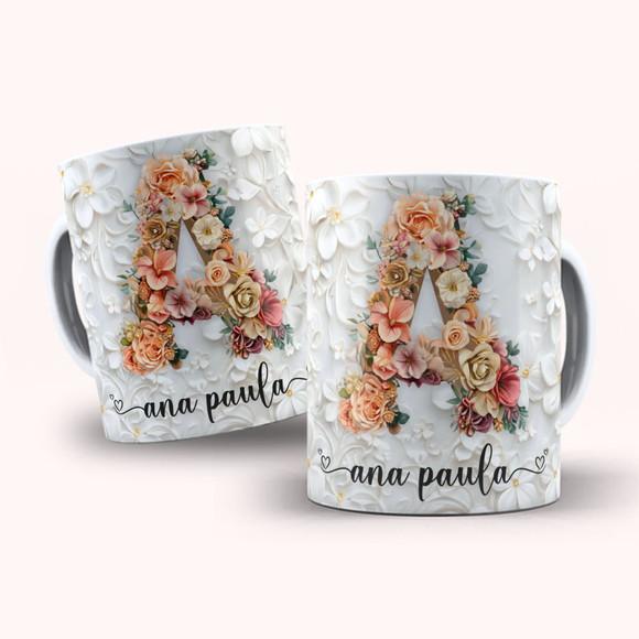 Arte Digital para Caneca Alfabeto Floral com Inicial 3d