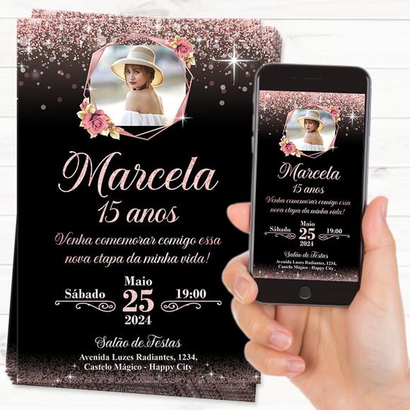 Convite Digital com Foto 15 Anos Rose Gold e Preto Glitter