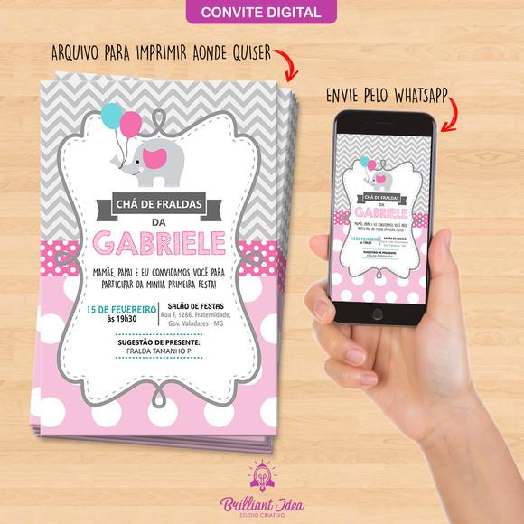 Convite Digital Cha de Bebe Elefantinho Menina