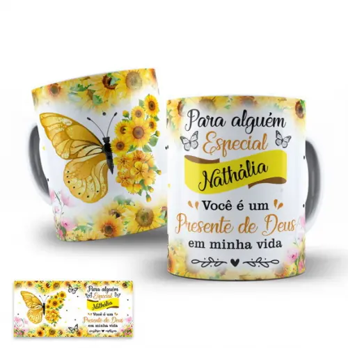 Arte Digital para Caneca Presente de Deus Borboleta Girassol