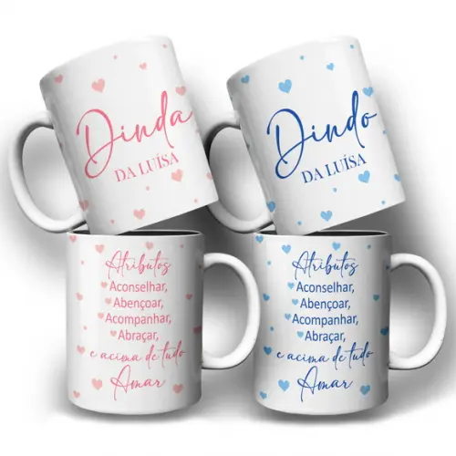 Arte Digital para Caneca Dindo e Dinda Atributos Rosa e Azul