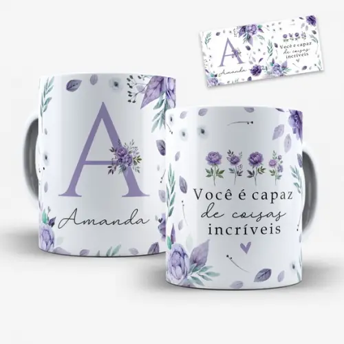 Arte Digital para Caneca Alfabeto Floral Lilás com Nome
