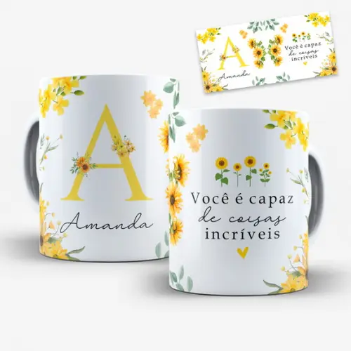 Arte Digital para Caneca Alfabeto Floral Girassol com Nome