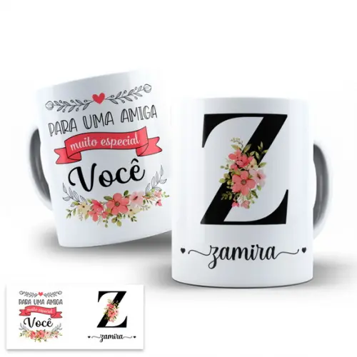 Arte Digital para Caneca Amigas Alfabeto Floral com Nome