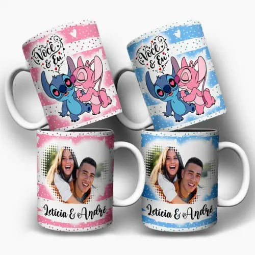 Arte Digital para Caneca Stitch e Angel Namorados com Nome