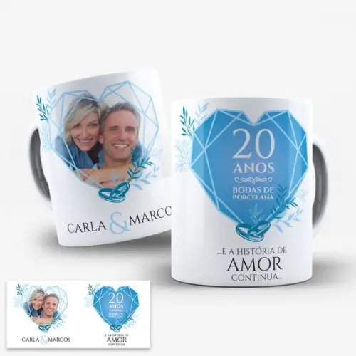 Arte Digital para Caneca Bodas de Porcelana 20 Anos Casados