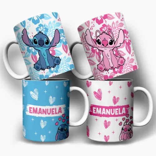 Arte Digital para Caneca Stitch e Angel com Nome (2 Artes)