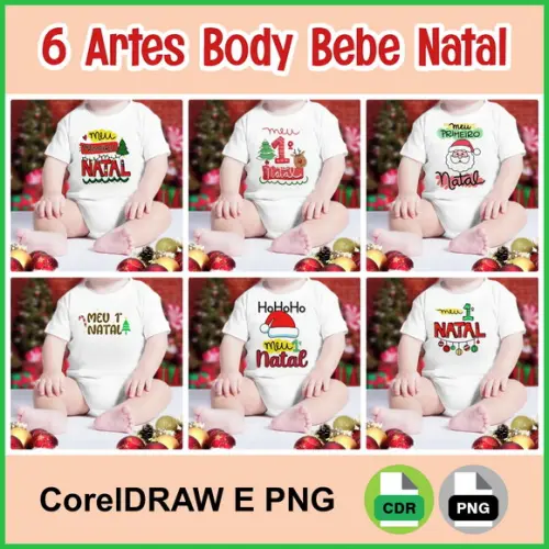 Arte Digital para Sublimação Body para Bebe Natal (6 Artes)