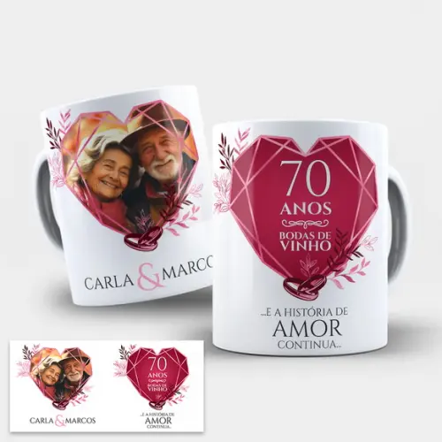 Arte para Caneca 70 Anos de Casados Bodas de Vinho