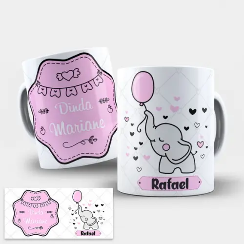 Arte Caneca Padrinhos de Batismo Elefante Dindo e Dinda