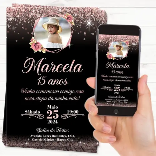 Convite Digital com Foto 15 Anos Rose Gold e Preto Glitter