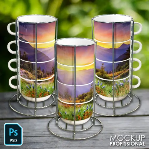 Mockup Torre de 4 Xícaras com Suporte para Sublimação