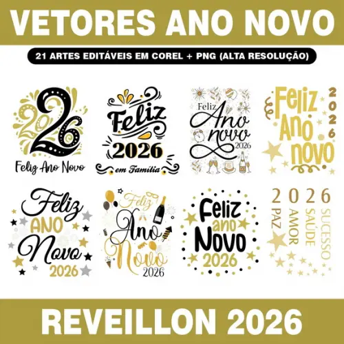 Pacote Artes Vetores e Png Tema Reveillon 2026 Ano Novo