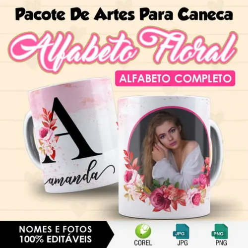 Arte Digital Alfabeto Floral para Caneca - Alfabeto Completo