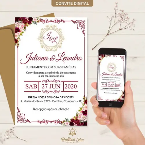 Convite de Casamento Digital Marsala com branco