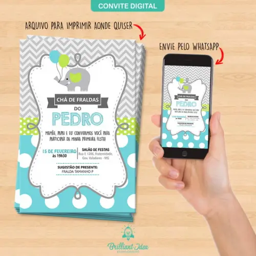 Convite Digital Cha de Bebe Elefantinho Menino
