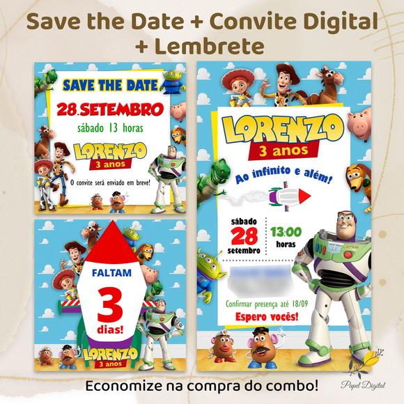 Convite + Save The Date + Lembrete Digital Toy Story