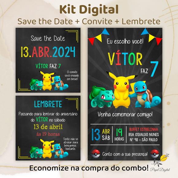 Convite + Save The Date + Lembrete Digital Pokemon