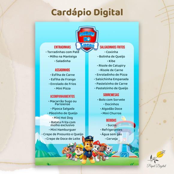 Cardápio Digital Festa Infantil Patrulha Canina Modelo 1