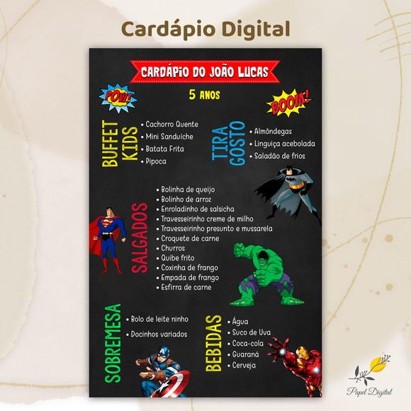 Cardápio Digital Festa Infantil Super Heróis Modelo 3