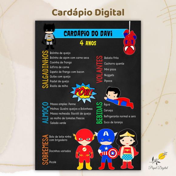 Cardápio Digital Festa Infantil Super Heróis Modelo 1