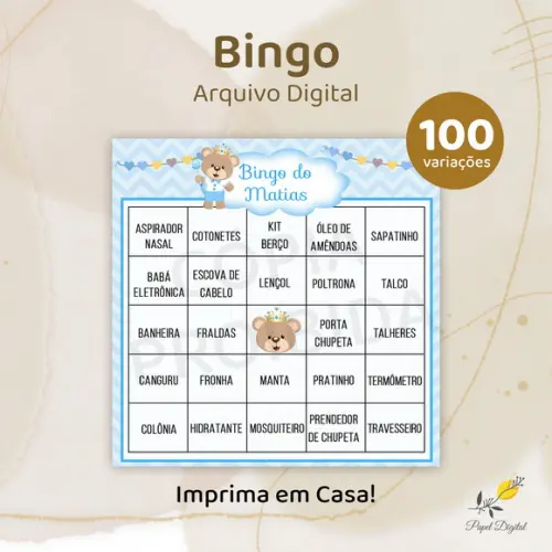 Bingo Chá de Bebê - Arquivo Digital - 100 Cartelas