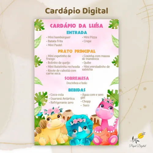 Cardápio Digital Festa Infantil Dinossauro Modelo 3