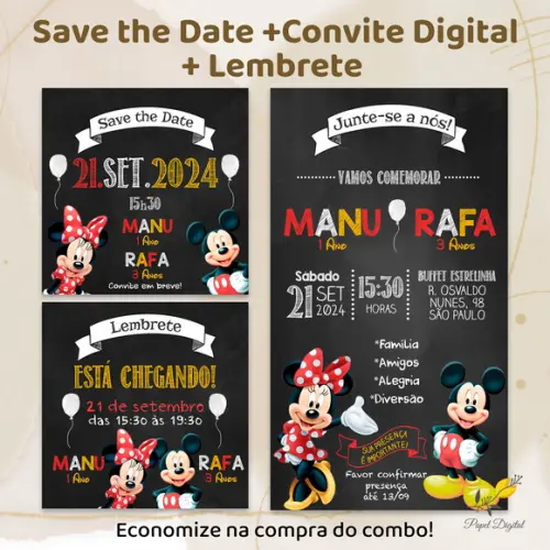 Convite + Save The Date + Lembrete Digital Mickey e Minnie