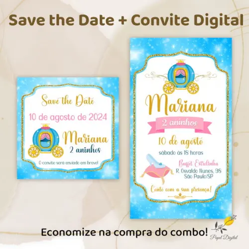 Convite + Save The Date Digital Cinderela Modelo 2