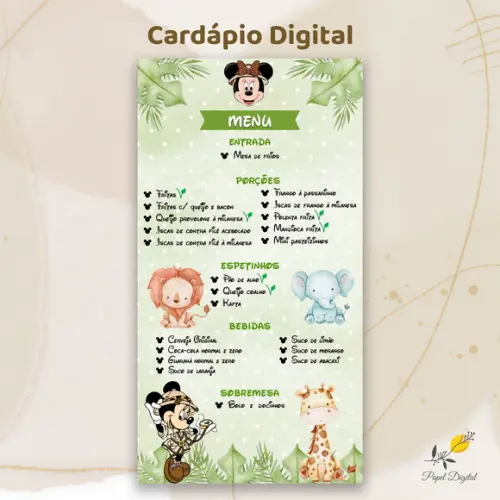 Cardápio Digital Festa Infantil Minnie Safari