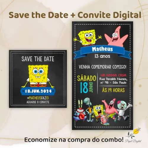 Convite + Save The Date Digital Bob Esponja