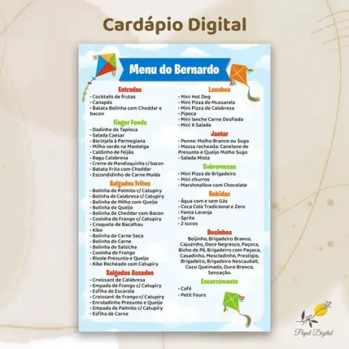 Cardápio Digital Festa Infantil Pipas