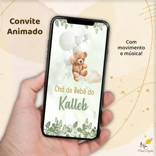 Convite Animado (vídeo) Chá de Bebê Urso - 3 Convites