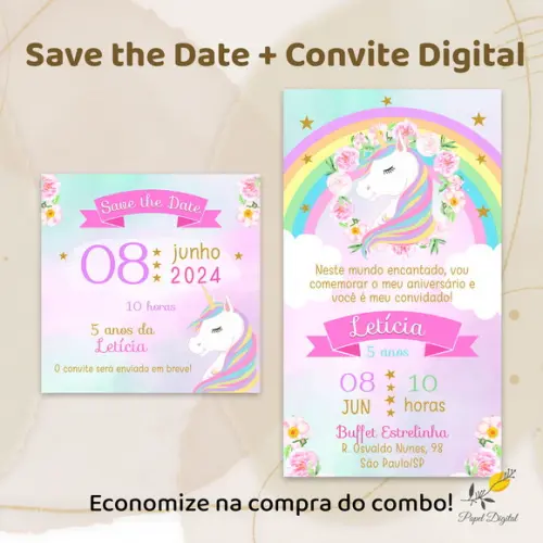 Convite + Save The Date Unicórnio