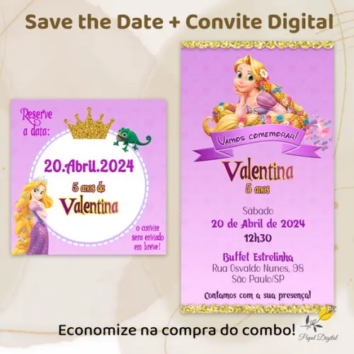 Convite + Save The Date Digital Rapunzel Modelo 2