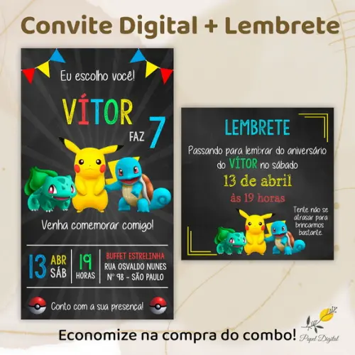 Convite + Lembrete Digital Pokemon