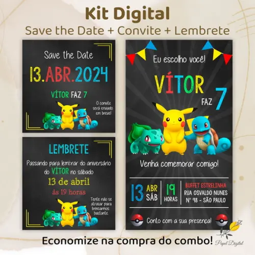 Convite + Save The Date + Lembrete Digital Pokemon