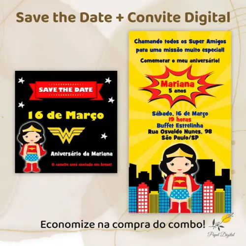 Convite + Save The Date Digital Mulher Maravilha Mod.02