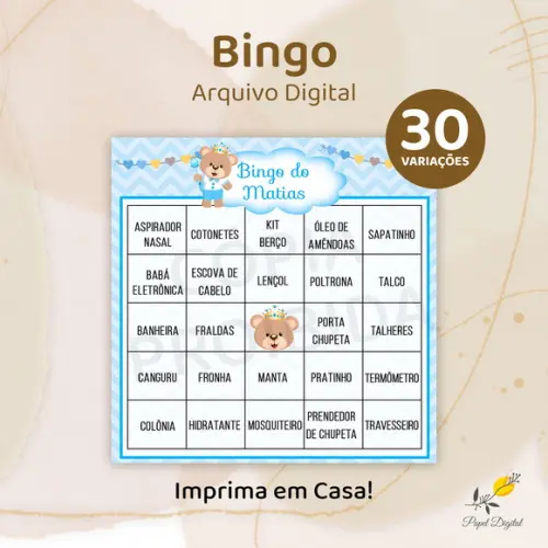 Bingo Chá de Bebê - Arquivo Digital - 30 Cartelas