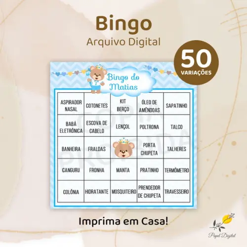 Bingo Chá de Bebê - Arquivo Digital - 50 Cartelas