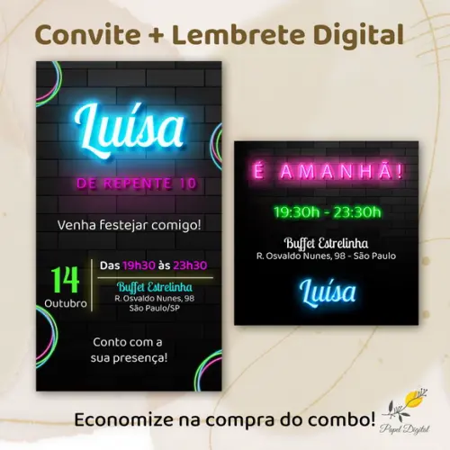 Convite + Lembrete Digital Neon Modelo 2
