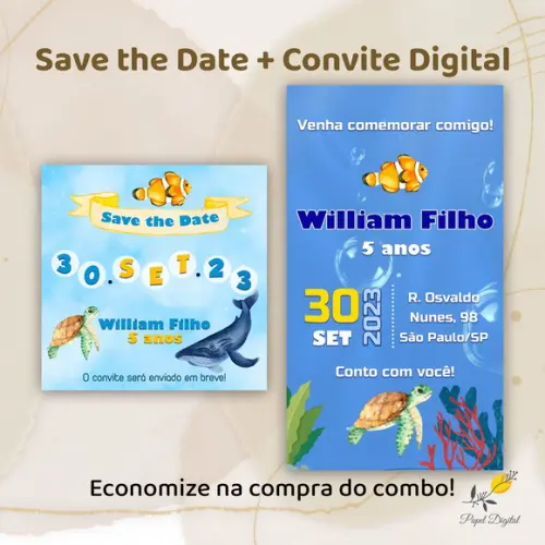 Convite + Save The Date Digital Fundo do Mar Modelo 3