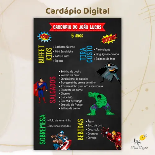Cardápio Digital Festa Infantil Super Heróis Modelo 3