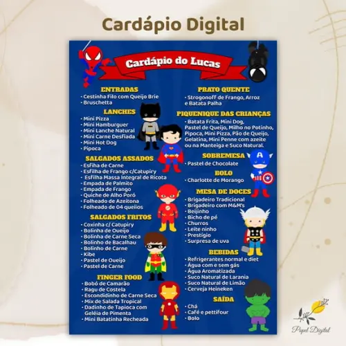 Cardápio Digital Festa Infantil Super Heróis Modelo 2